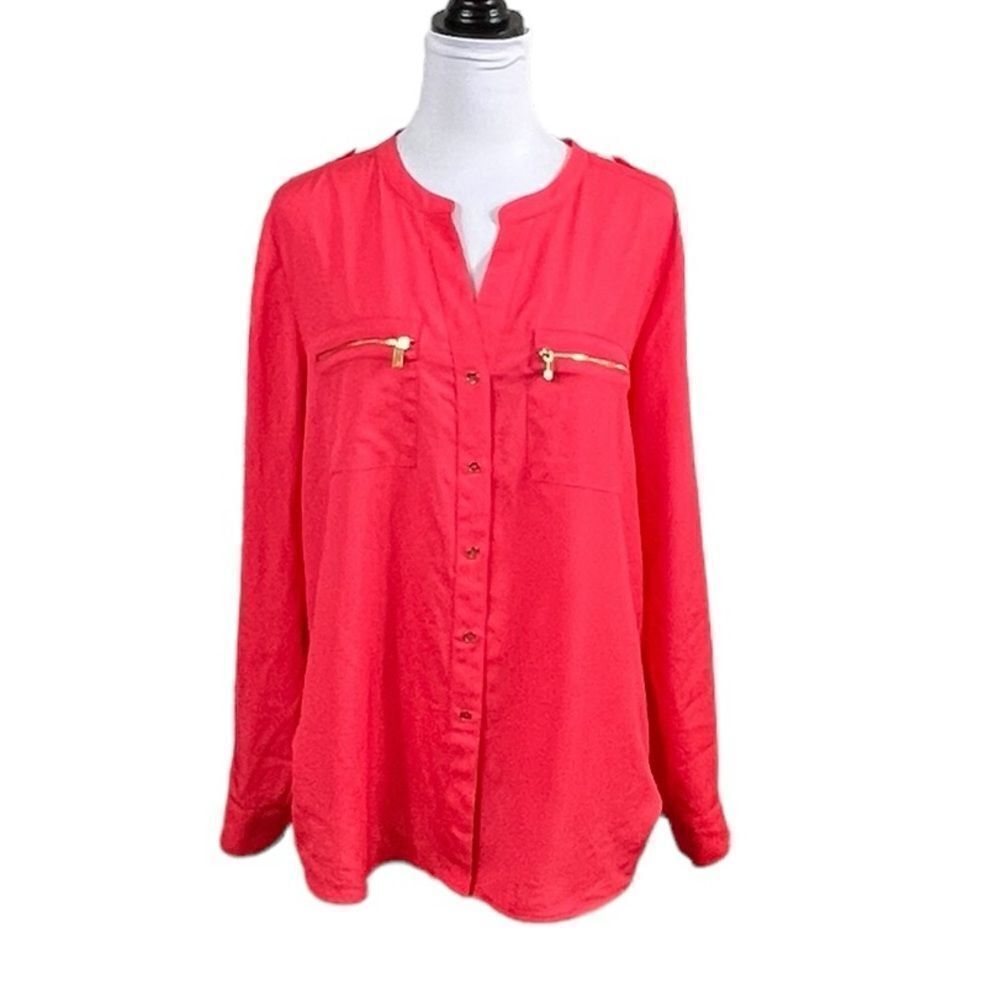 Calvin Klein Women’s Long Sleeve Watermelon Red Button Front V-Neck Blouse, XL?